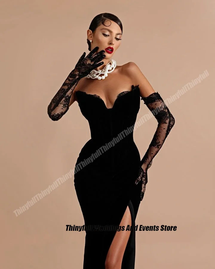 Thinyfull Mermaid Black Evening Party Gowns Sweetheart Sleeveless Velvet Prom Dresses Split Formal Occasion Dress Customized