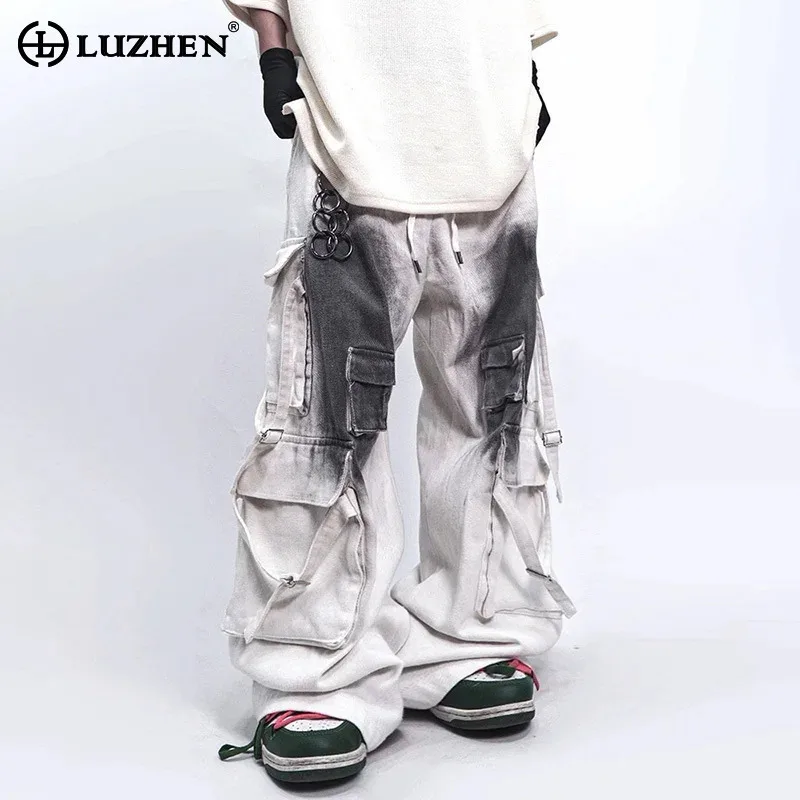 

LUZHEN Hip-Hop Trendy Loose Multi Pockets Design Color Contrast Washed Cargo Jeans 2025 New Men's High Street Denim Pants JY3232
