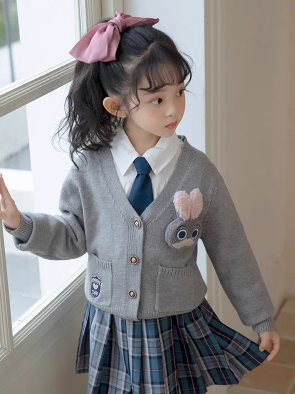 Spring and Autumn Cardigan Lined Dress Three Piece Set of Western Girls' School Uniform