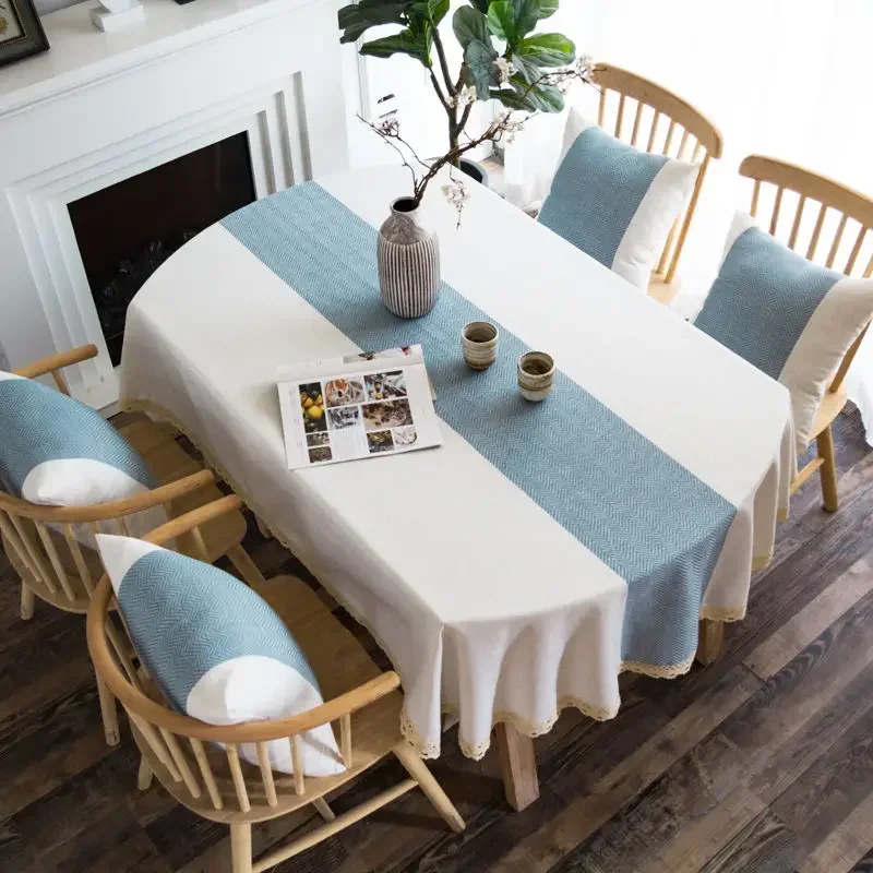 Oval Tablecloth with Lace Linen Dining Table Cloth Farmhouse Ellipse Table Cover Modern Style Rustic Dining Table Cloth 185cm