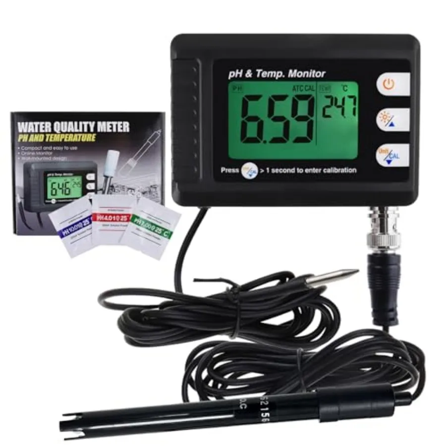 

2 in 1 Temperature pH Monitor Meter Tester Sensor test Kit 0~14.0 pH Automatic Buffer Recognition BNC electrode Probe for Hydro