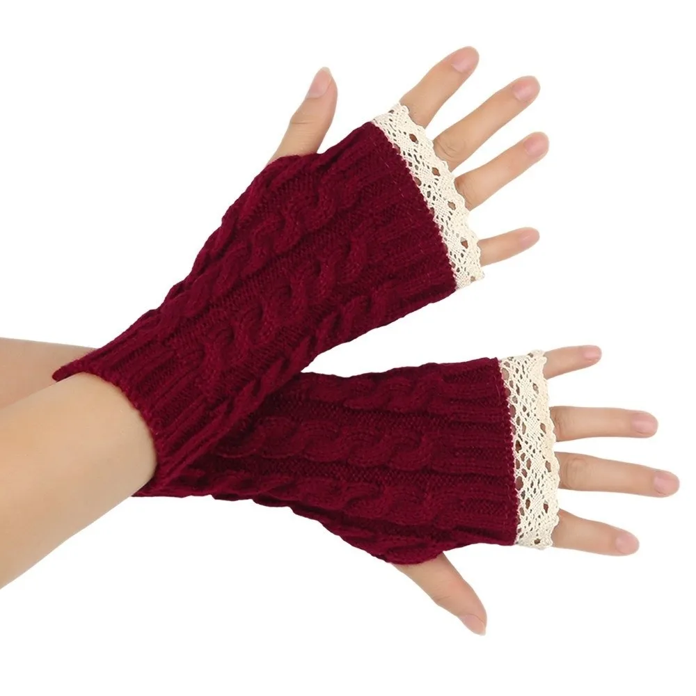Fashion Lace Trim Fingerless Mittens Long Warm Half Finger Gloves Wrist Protection Thicken Arm Warmers Writting Friendly