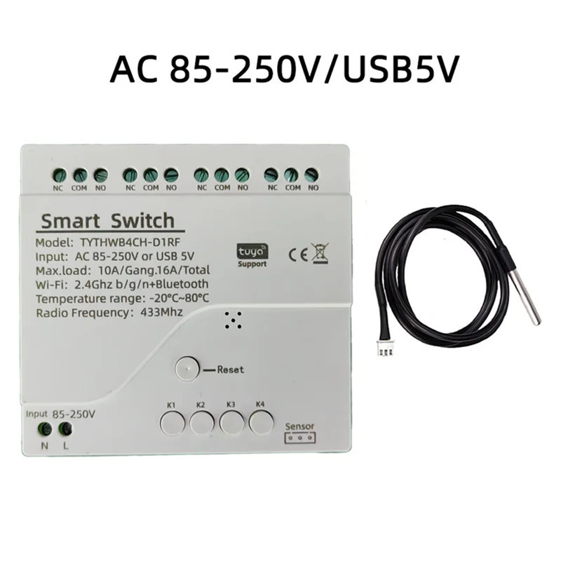 4-kanaals wifi slimme schakelaar met geïntegreerde temperatuur- en vochtigheidsdetectie voor Alexa Alice D-TCE