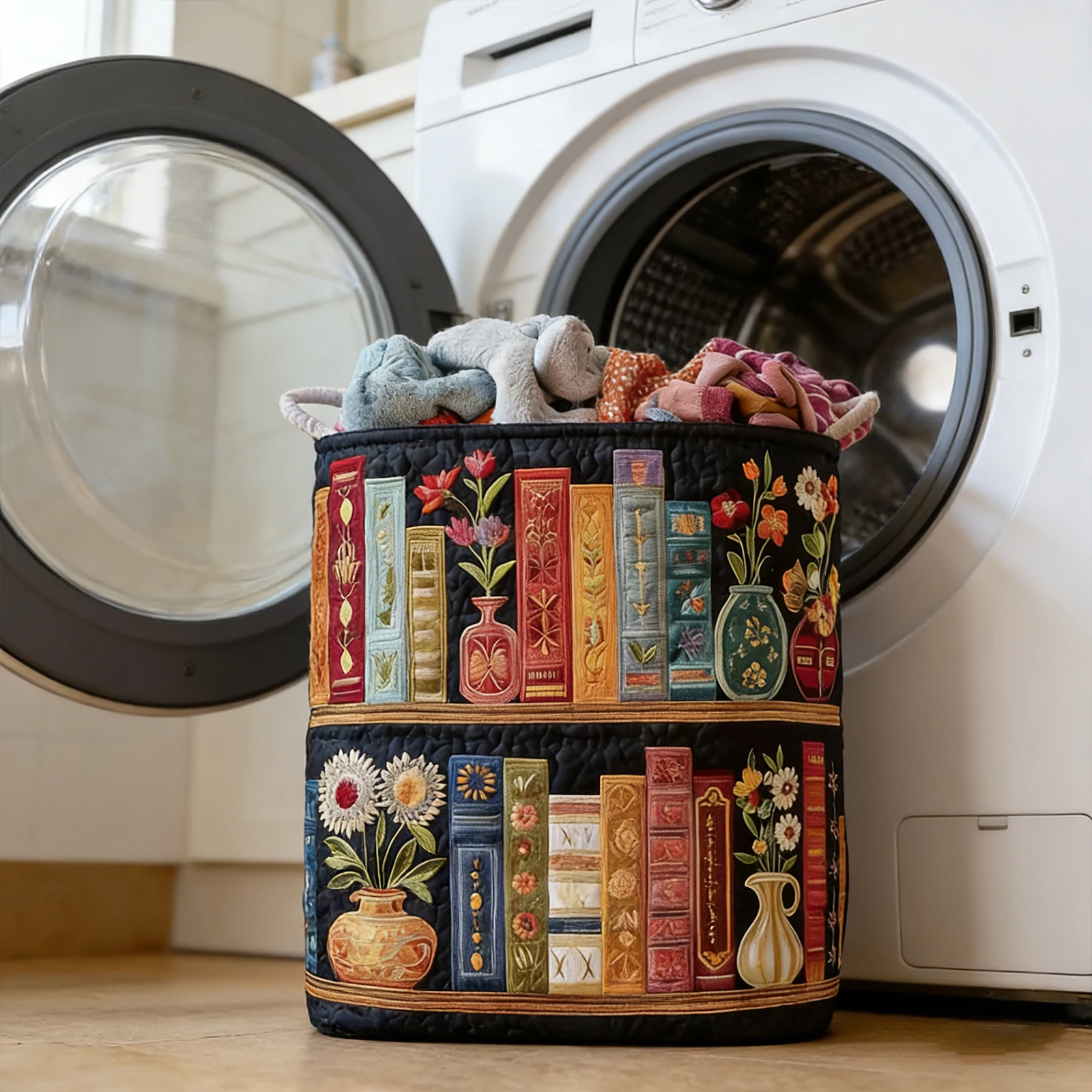 

Boho Fabric Floral Storage Hamper with Handle Portable Clothes Storage Basket Large Capacity for Bathroom Bedroom Nursery