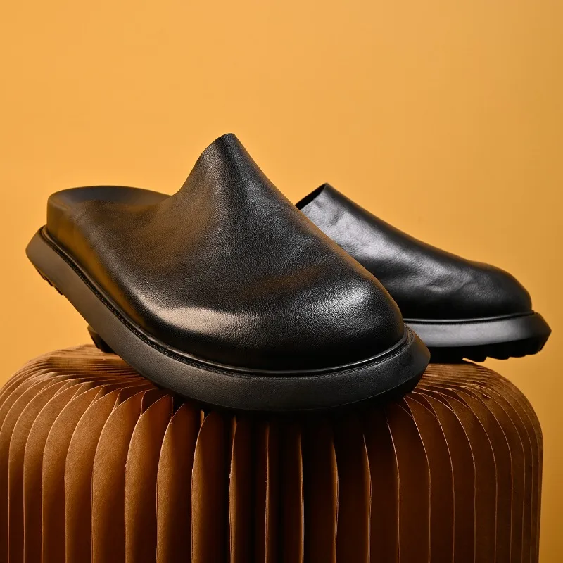 

Роскошные мужские получешки из натуральной кожи ручной работы, лето 2021, новые модные уличные мужские тапочки на платформе с круглым носком в британском стиле