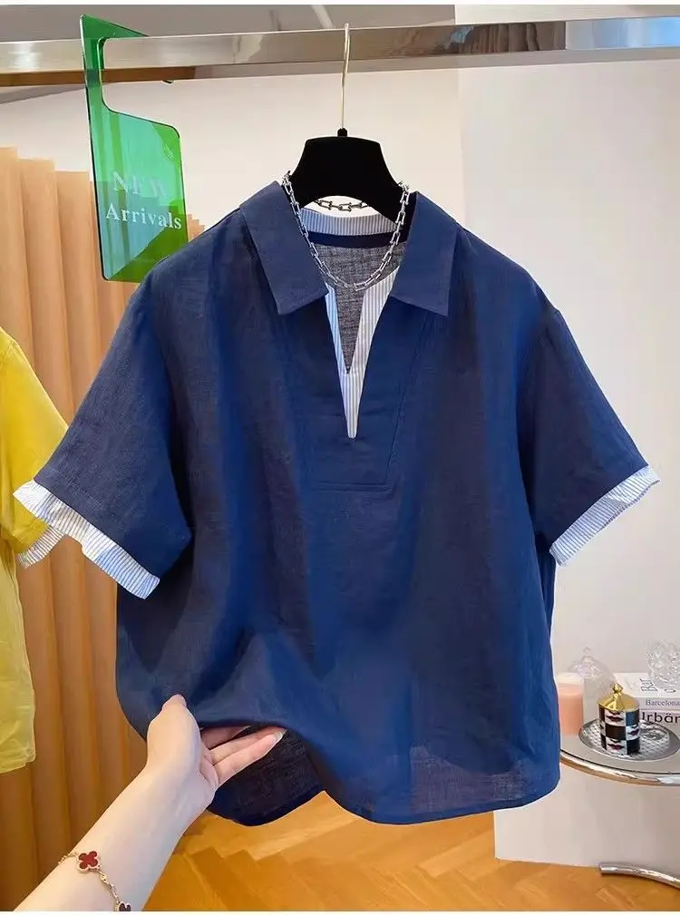 

plus Size Women's Striped Loose Short Sleeve Neck Shirt Summer Fashion Design Korean Style Comfortable Versatile Top