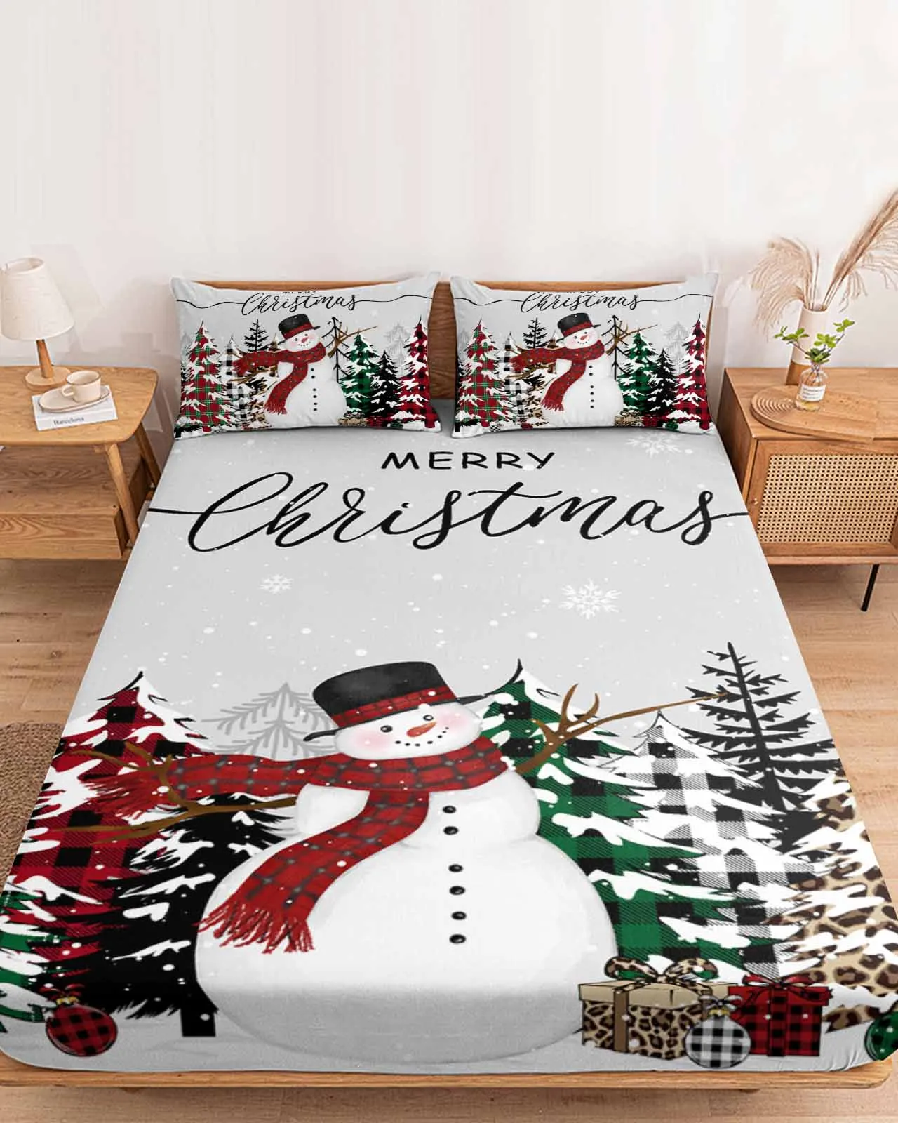 

Christmas Tree Snowman Christmas Gift Polyester Fitted Sheet Mattress Cover Four Corners Elastic Band Bed Sheet Pilllowcase