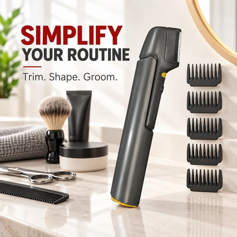 Men's Electric Hair Trimmer Stainless Steel Blade with Extendable Handle 5 Guide Combs for Hair Beard Body Grooming Dark Gray AB
