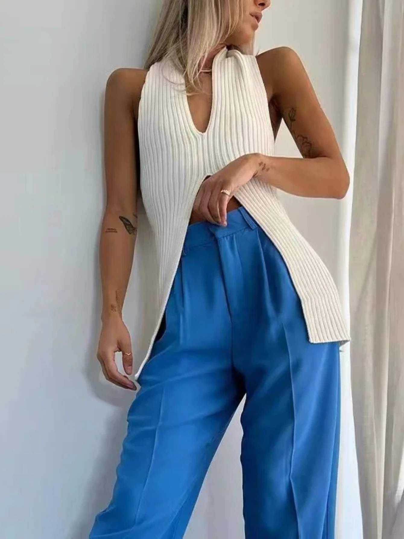 Tank-Top mit tiefem Ausschnitt vorne, ärmellos, Rippstrick-Camis und Tanktop für Damen, Sommer-Damen