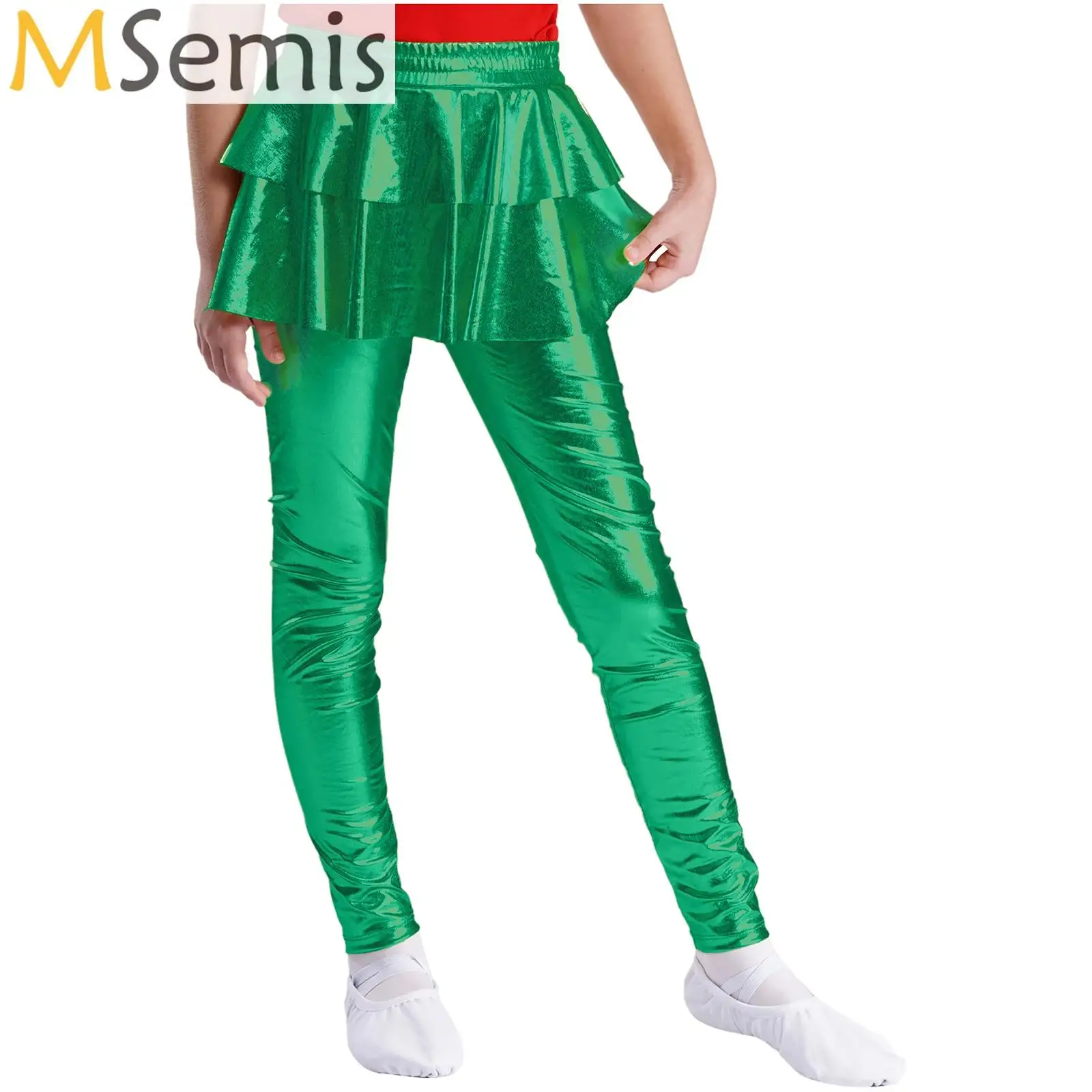 

Girls Dance Pants Skirted Leggings for Kids Child Shiny Metallic Pantskirt Gymnastic Stretch Fitness Skinny Trousers Dancewear