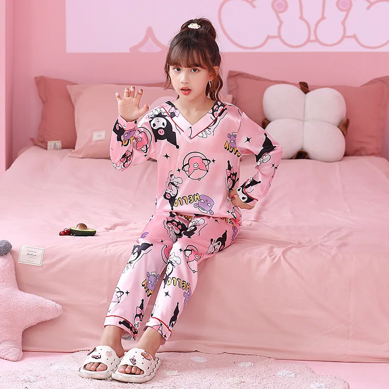 Sanurgente-Pyjama à manches longues pour filles, vêtements de maison pour filles, dessin animé mignon Kuromi, cadeau de vêtements de glace, printemps et automne, nouveau