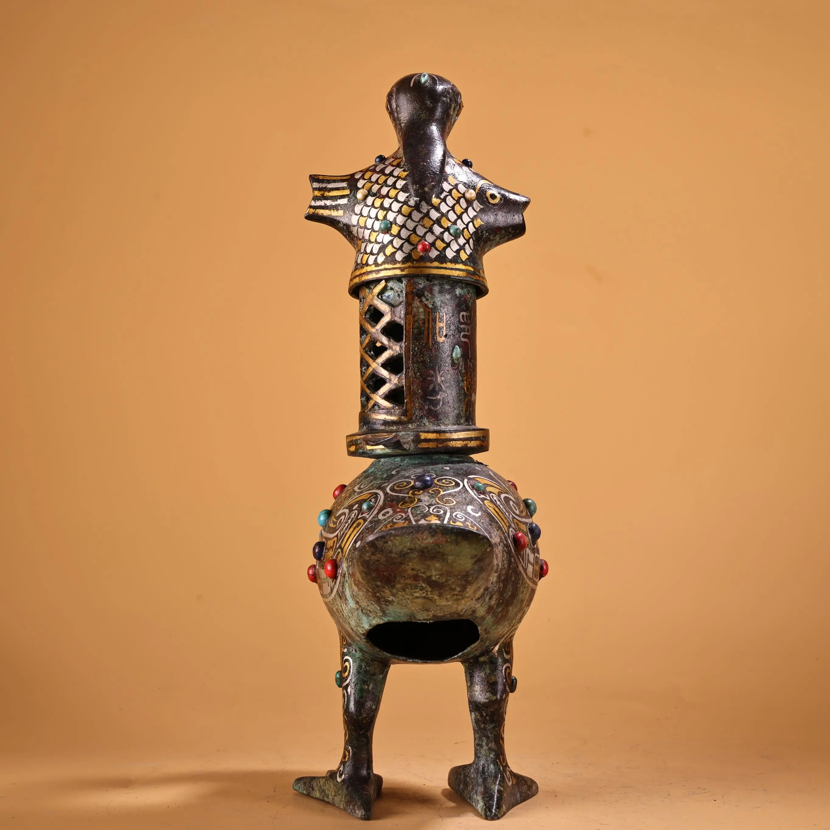 Tibet Folk Old Bronze Gilded Inscription Oracle Bone Script Pattern Fish Crane Statue Palace Lantern Candle Holder Ornaments