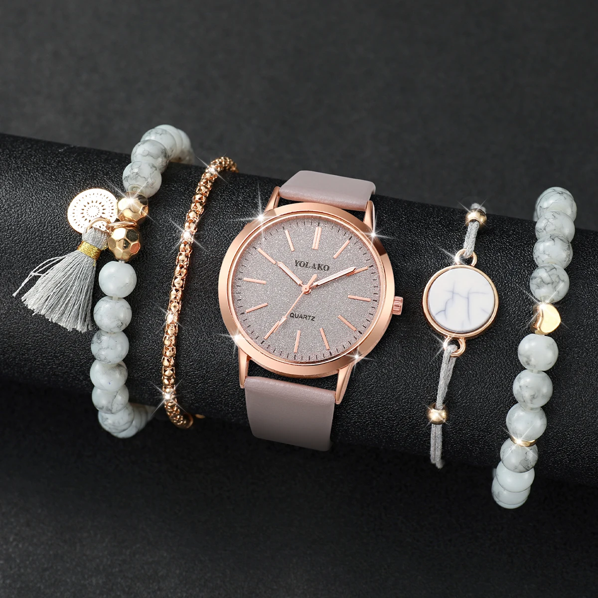 5PCS/Set Women Watches White Turquoise Bracelets Set Fashion Starry Sky Leather Band Female Quartz Watch（Without Box）