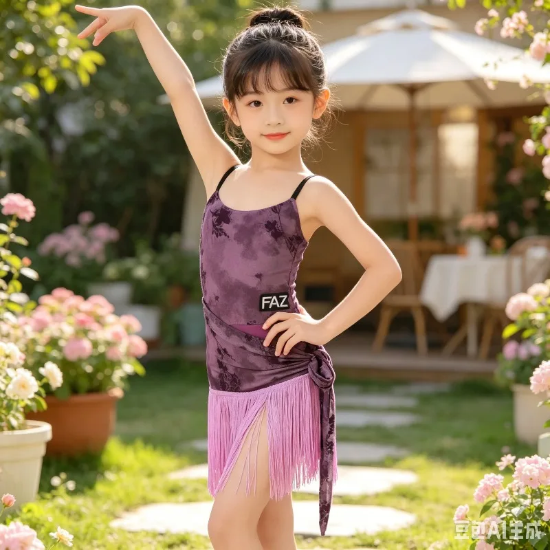 

Girls Purple Printed Tassel Latin Dance Costume Ballroom Practice Stage Performance Wear Performance Accessories Dance wear