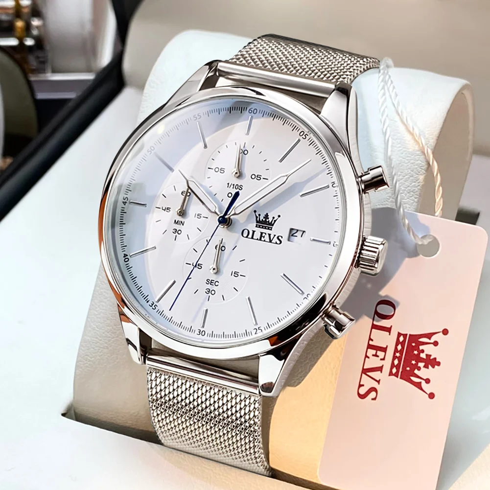 

OLEVS New Fashion Quartz Watch for Men Stainless Steel Mesh Strap Waterproof Calendar Chronograph Watches Mens Relogio Masculino