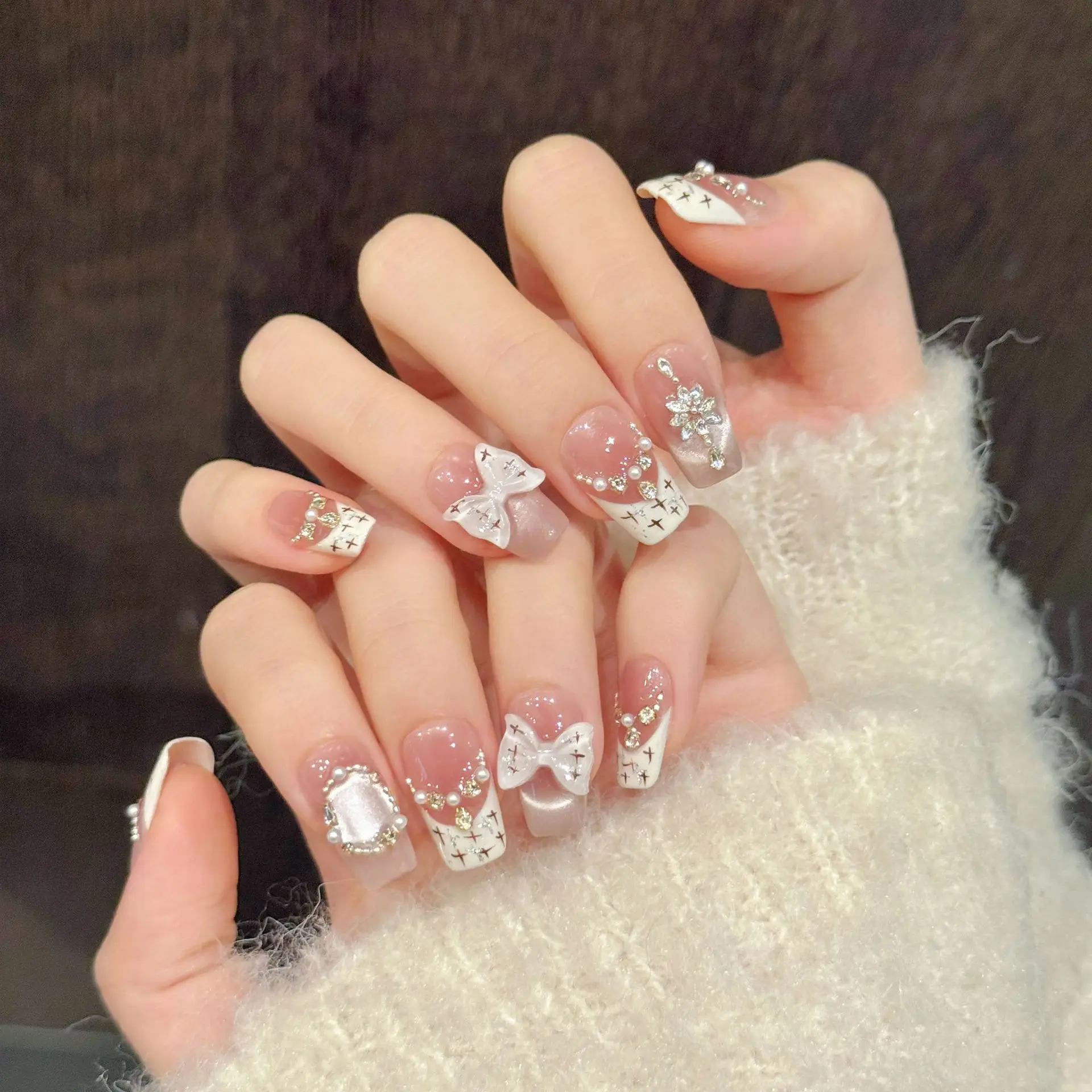 10pcs Nude Cat Eye Handmade False Nails Short French Ballet Ribbon Pearl Design Fake Nail Full Cover Press On Acrylic Nail Tips