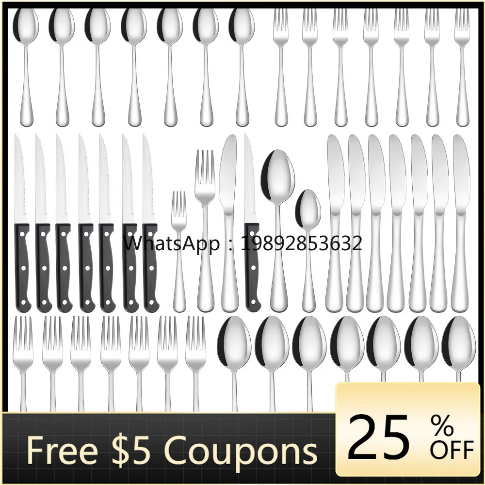 

Stainless Steel Cutlery 48 Piece Set Western Steak Knives, Forks and Spoons 1010 Cutlery Set