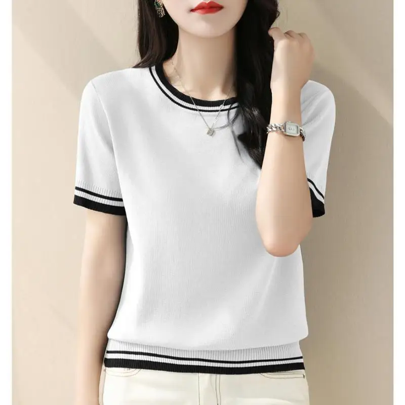 Summer New Contrast Knitting Tops Tees Short Sleeve O-neck Loose Solid Color Elegant T Shirts Vintage Fashion Women Clothing