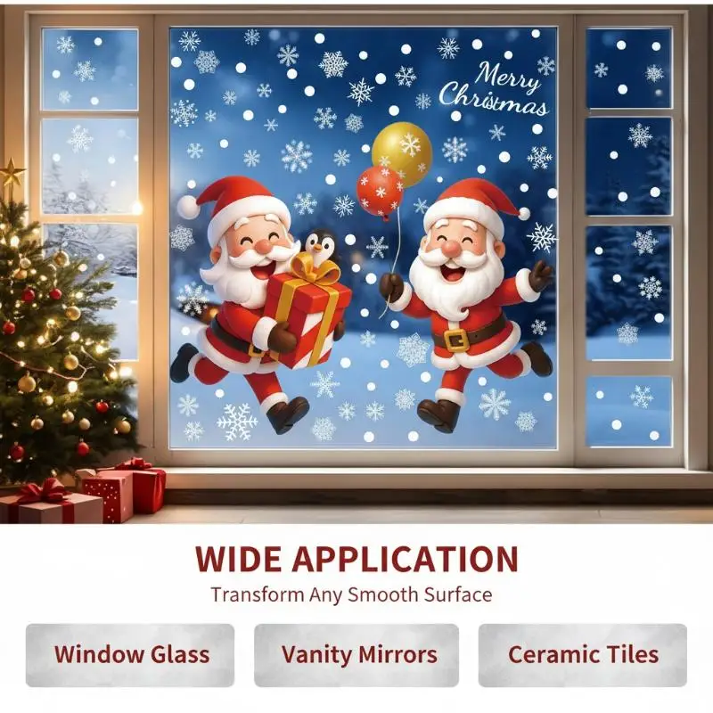 Christmas Static Window Stickers Santa: Reindeer Snowman Snowflake Xmas Glass Decals Removable Home Clings