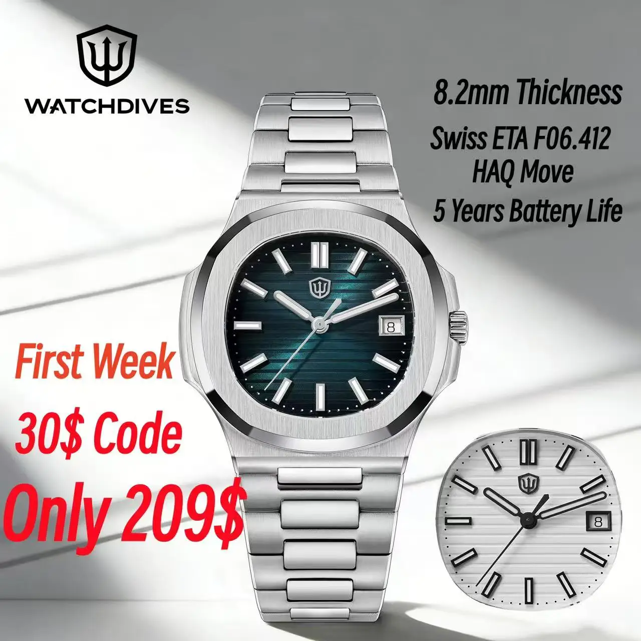 Watchdives WD0013B Swiss ETA F06.412 HAQ Quartz Watch 41mm Sapphire 8.2mm Ultra Slim BGW9 Lume Stainless Steel Men Luxury