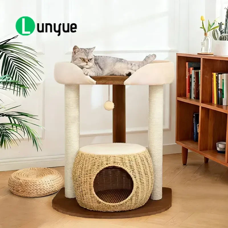 Rattan Woven Cat Tree with Scratching Post Integrated Cat Bed Large Climbing Frame Anti Scratch Furniture for Indoor Cats All