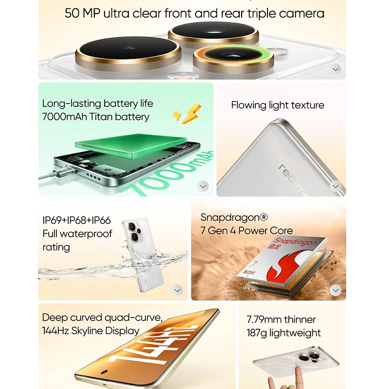 Versión China realme 15 Pro 5G Smartphone 15Pro 80W SUPERVOOC carga 50MP AI cámara 6,8 "144Hz pantalla AMOLED Snapdragon 7 Gen 4