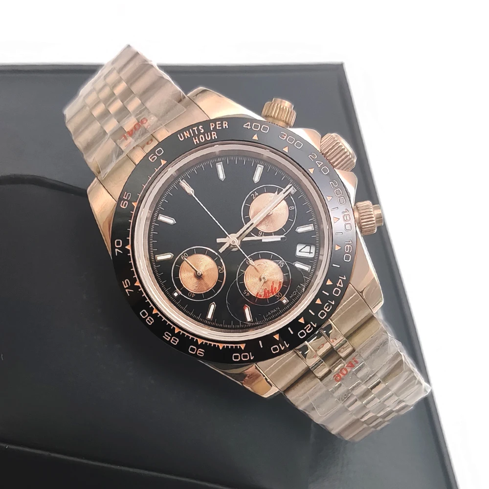 

Роскошные кварцевые часы из розового золота 39 мм, мужские часы с сапфировым стеклом, механизм VK63, календарь, светящийся синий циферблат, нержавеющая сталь Stra