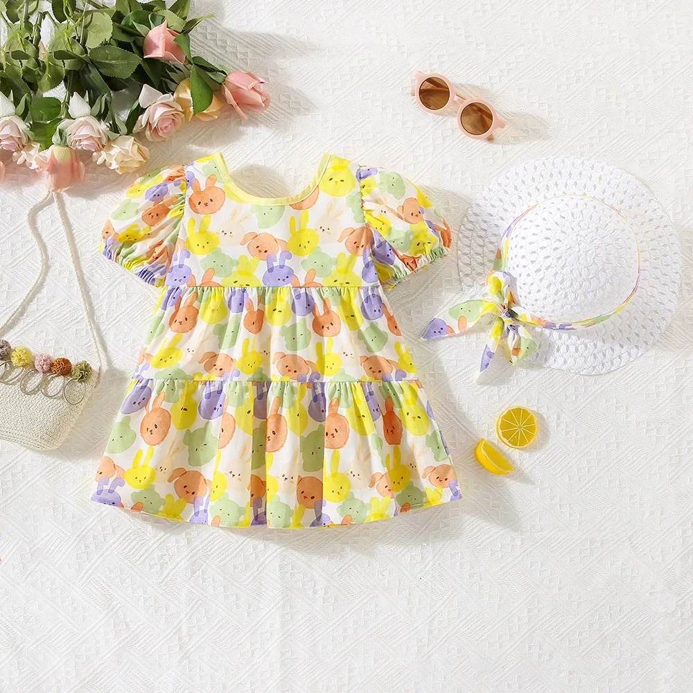 (0-3 Years Girls) Summer New Girls Dress Bunny Print Back Bow Ribbon Pleated Sweet Princess Dress Birthday Party Team Dress