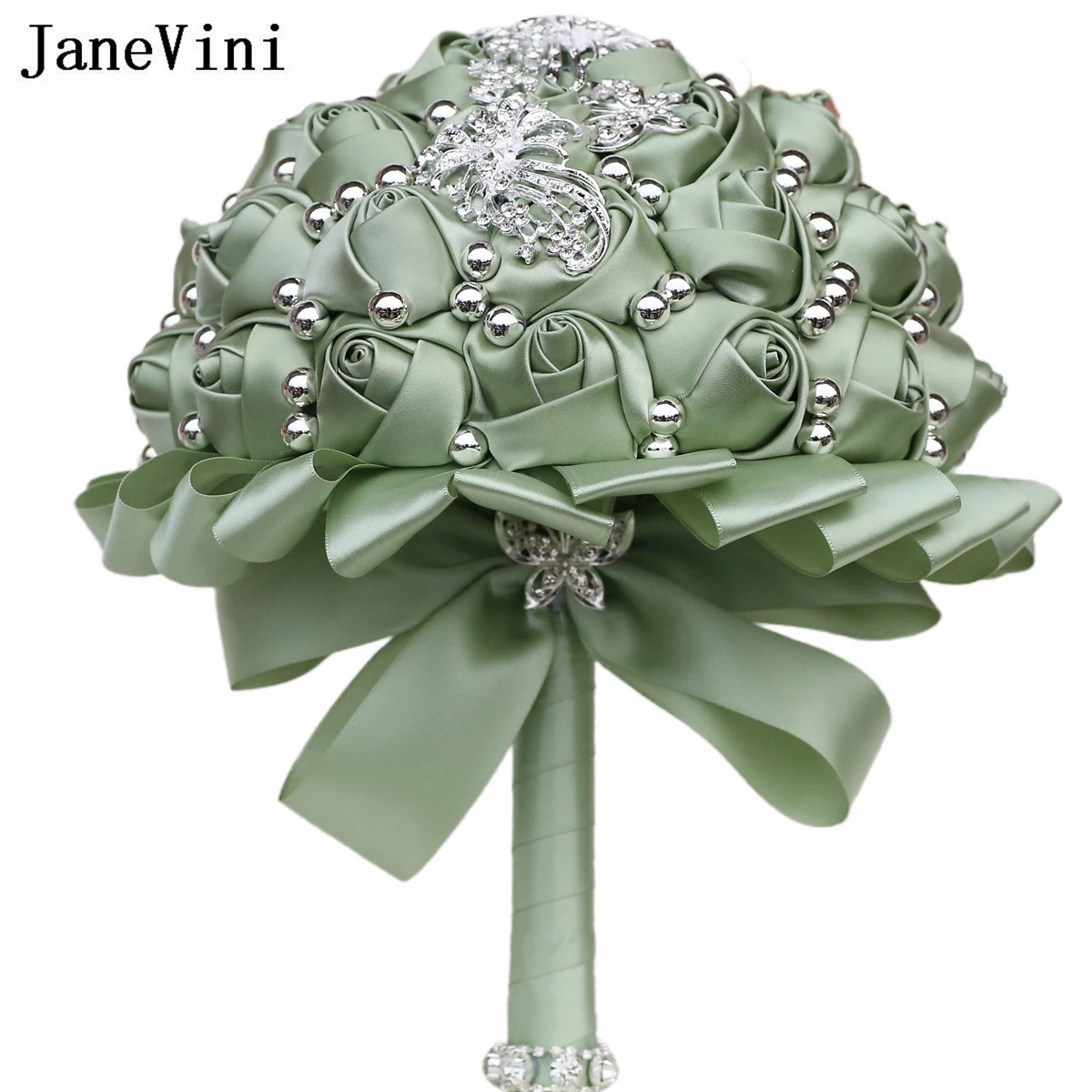 JaneVini 2024 Sage Green Bridesmaids Bouquet Flowers Crystal Beaded Butterfly Satin Bridal Wedding Bouquet De Fleur Artificielle