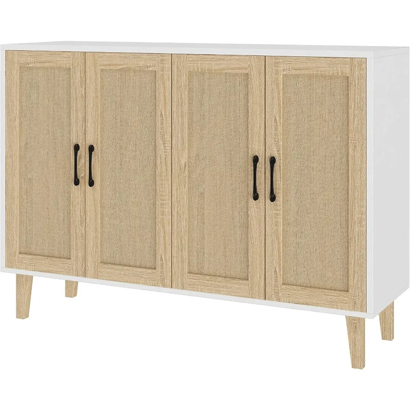 

Buffet Storage Cabinet with Rattan Decorating 4 Doors Living Room Kitchen Sideboard 48.43 x 34.65 x 15 inch (White)
