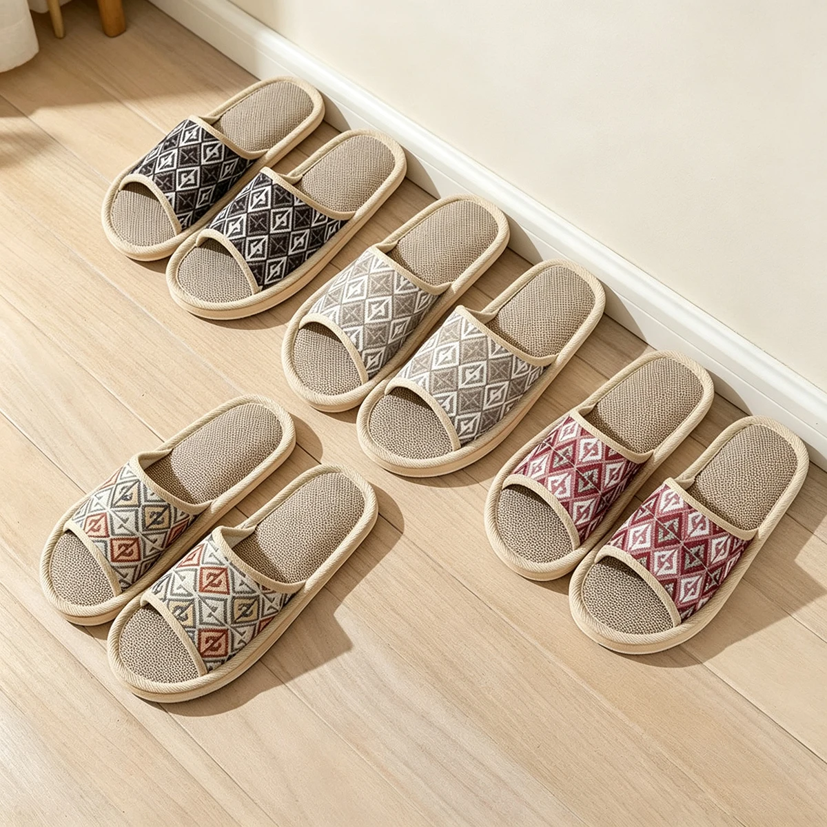 Linen Couple Slippers Lightweight Indoor Soft Breathable Open Toe House Slippers for Men Women Anti Skid Sole Portable Slippers