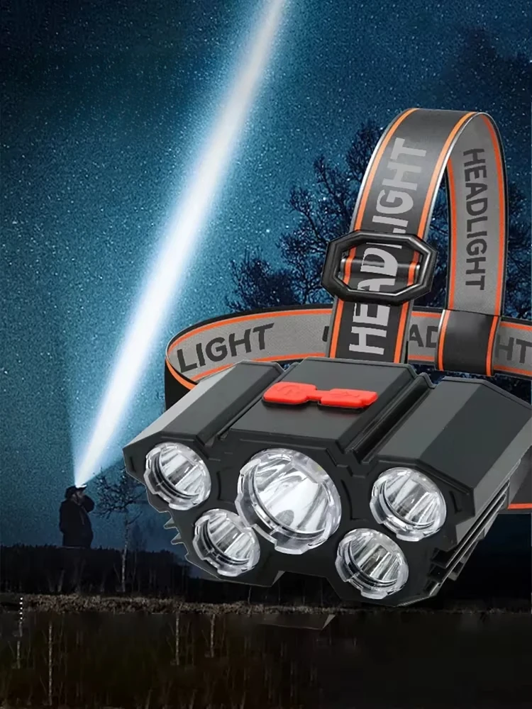 AliExpress 5 LED Flashlight Rechargeable with Built in Lithium Battery Strong Head Light Camping Adventure Fishing Cycling Headlamp