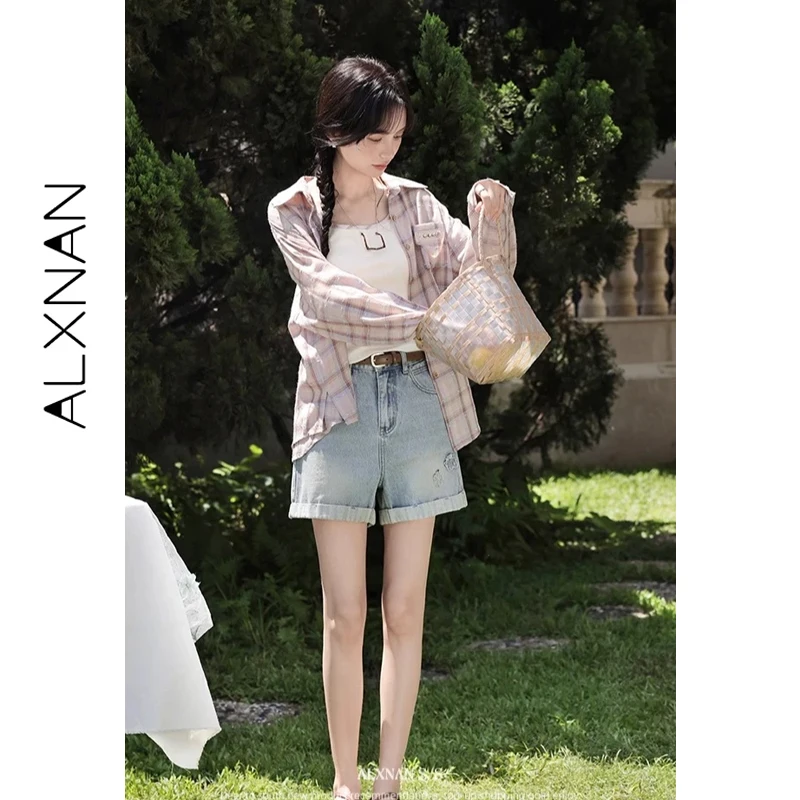 

ALXNAN Women's Pink Plaid Shirt Casual Elegant Loose-fit Long Sleeve Sun Protection Blouses 2026 Summer Office Lady Tops L55979
