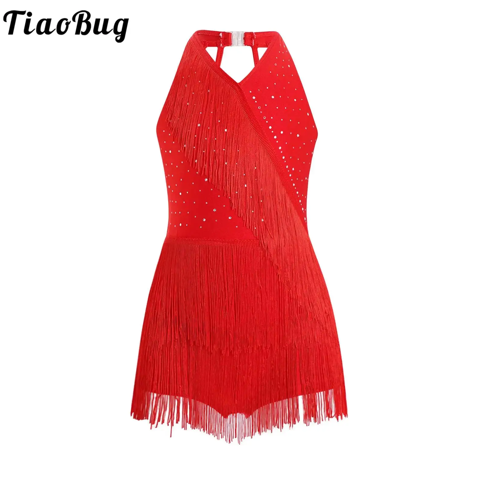 

Kids Girls Latin Dance Dress Sleeveless Tassel Cha-cha Samba Salsa Dance Leotard Dress Professional Competition Ballroom Costume