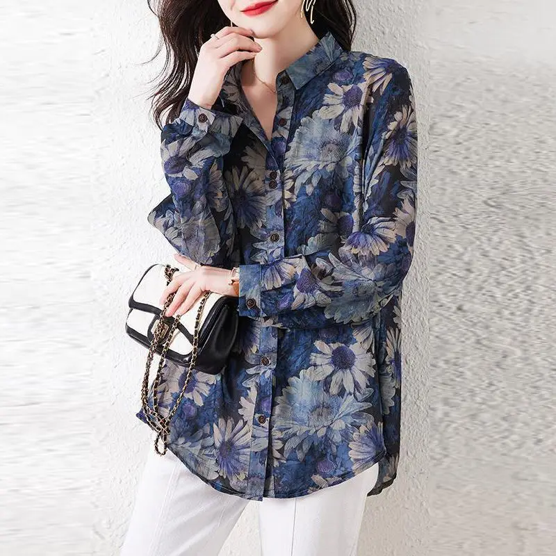 Commute Turn-down Collar Shirt Vintage Floral Printed Women\'s Clothing Loose Single-breasted Spring Autumn Long Sleeve Blouse