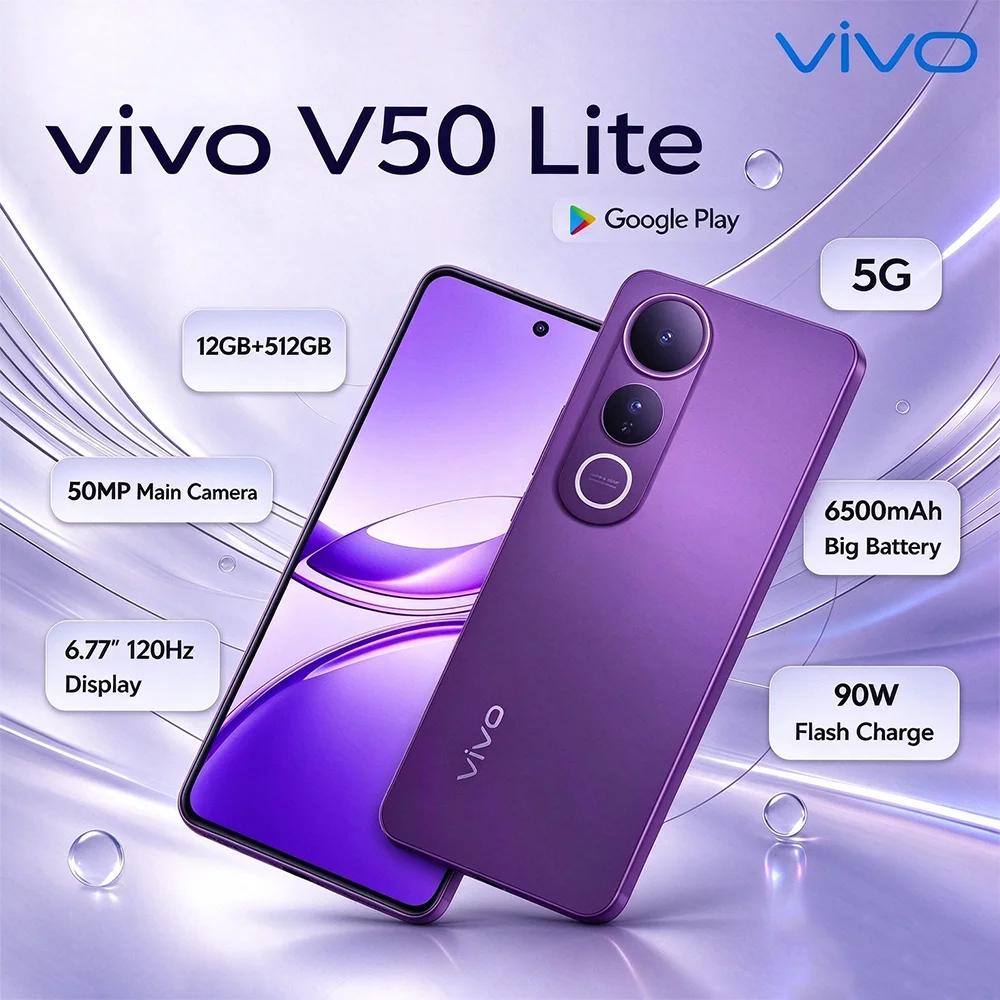 VIVO V50 Lite Global Version 5G LTE Unlocked Smartphone 12GB RAM+512GB ROM 6500mAh Large Battery 50MP AI Camera Dual SIM Phone