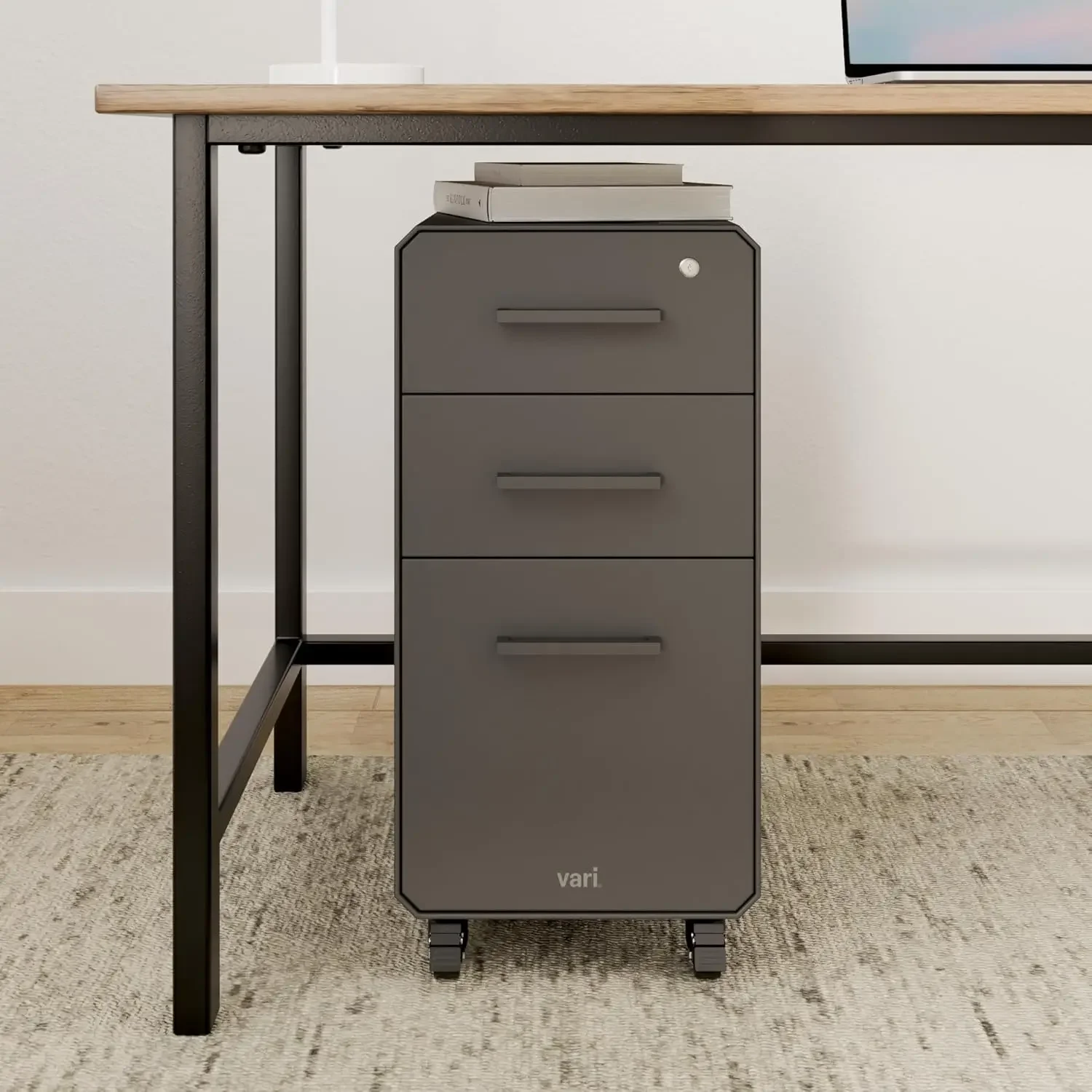 Slim File Cabinet - Three Drawer Office Filing Cabinet, Modern Mobile Pedestal with Heavy-Duty Steel - Lockable Storage with Rol