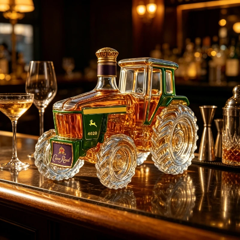 Decantador de whisky Crown Royal con forma de tractor agrícola, botella de licor de vidrio verde dorado para decoración de bar en casa