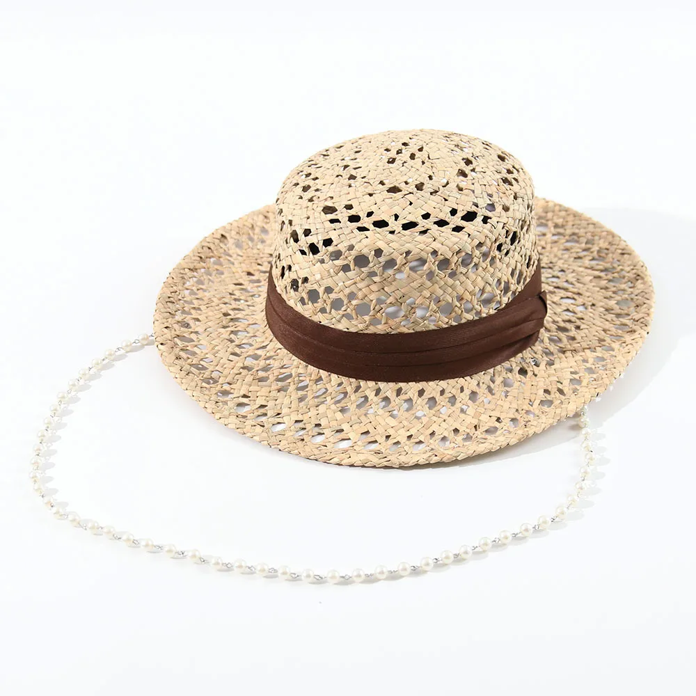 European American Hollow Straw Hat With Pearl Chain Women UV Sun Hat Summer Beach Shade Cap