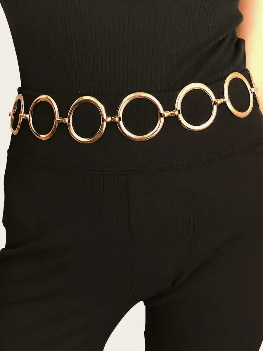 1pc Women's Shiny Metallic Gold Waist Chain, Versatile Retro Body Chain Waist Belt With Round Ring, Suitable For Daily Wear, Par view 2