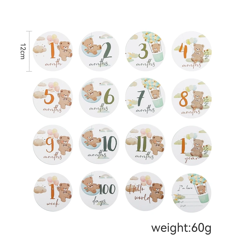 16PCS Newborn Bear Milestone 1-12 Month Card Paper Baby Memories Birthday Party Decoration Baby Photography Props Infant Gifts