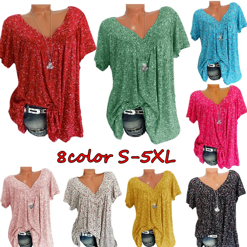 

Plus size, 1XL-5XL, summer new printed short sleeved, loose V-neck women's short sleeved T-shirt 6930