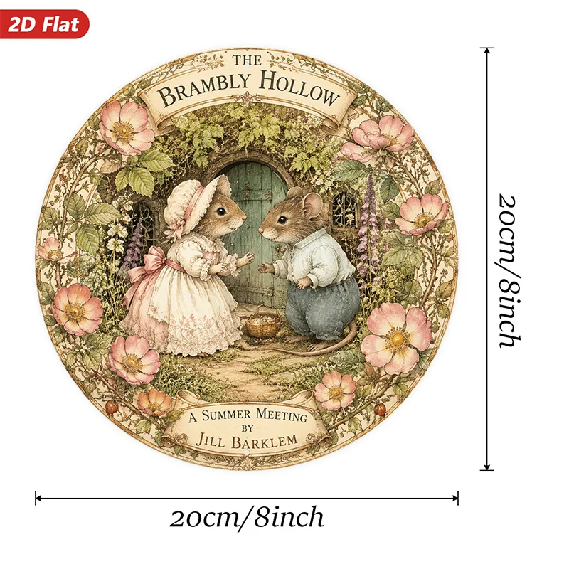 2D Flat, 1pc Woodland Mouse Garden Round Metal Sign Wall Art, Victorian Dressed Mice, Cottage Doorway Scene, Pink Wild Rose Bord