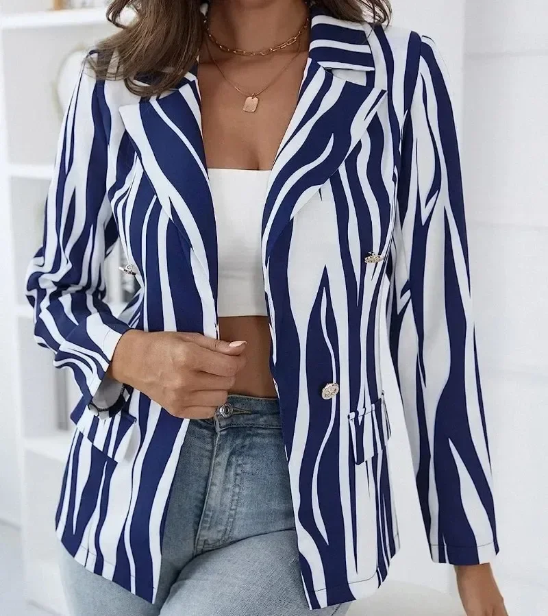 Blazer de rayas Indie Vintage para mujer, traje de manga larga con doble botonadura, chaqueta informal para viaje, abrigo de talla grande, 2023