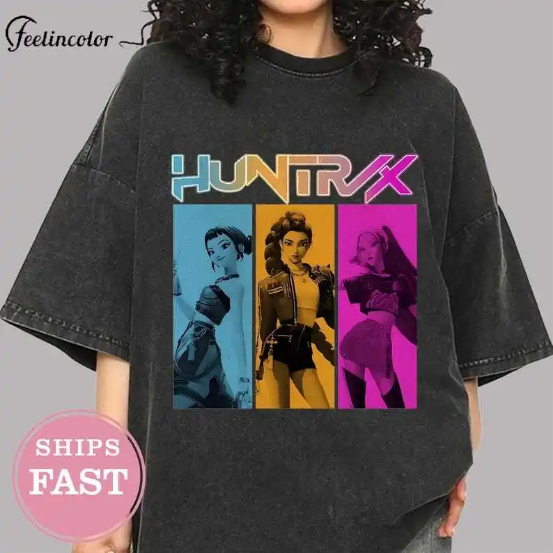 

Kpop Demon Hunters Oversized Black T-Shirt for Women Black Distressed Style Top Couple Short Sleeve Shirt Y2K Clothing