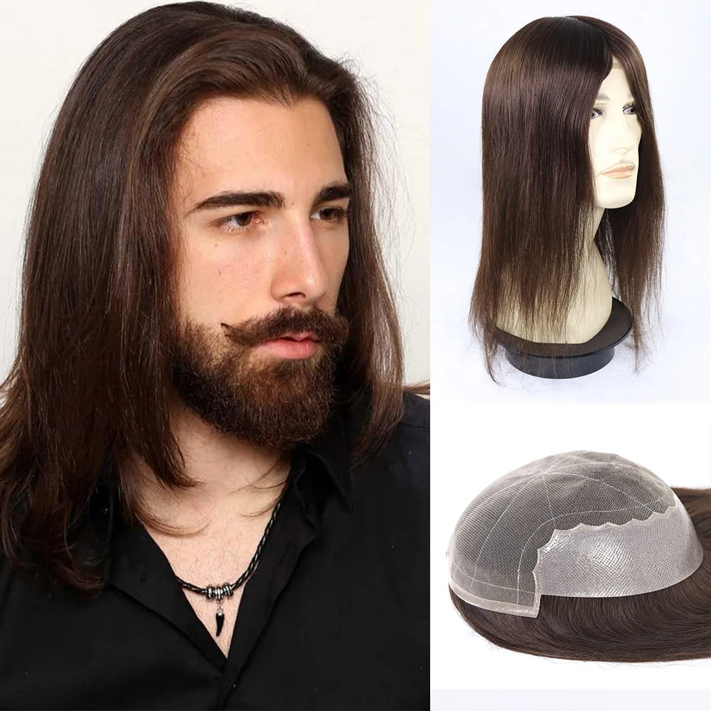 

Brown Human Hair Toupee for Men Lace Pu Hair Prosthesis for Men Long Straight Man Wig Replacement Systems Hairpiece 14/16/18Inch