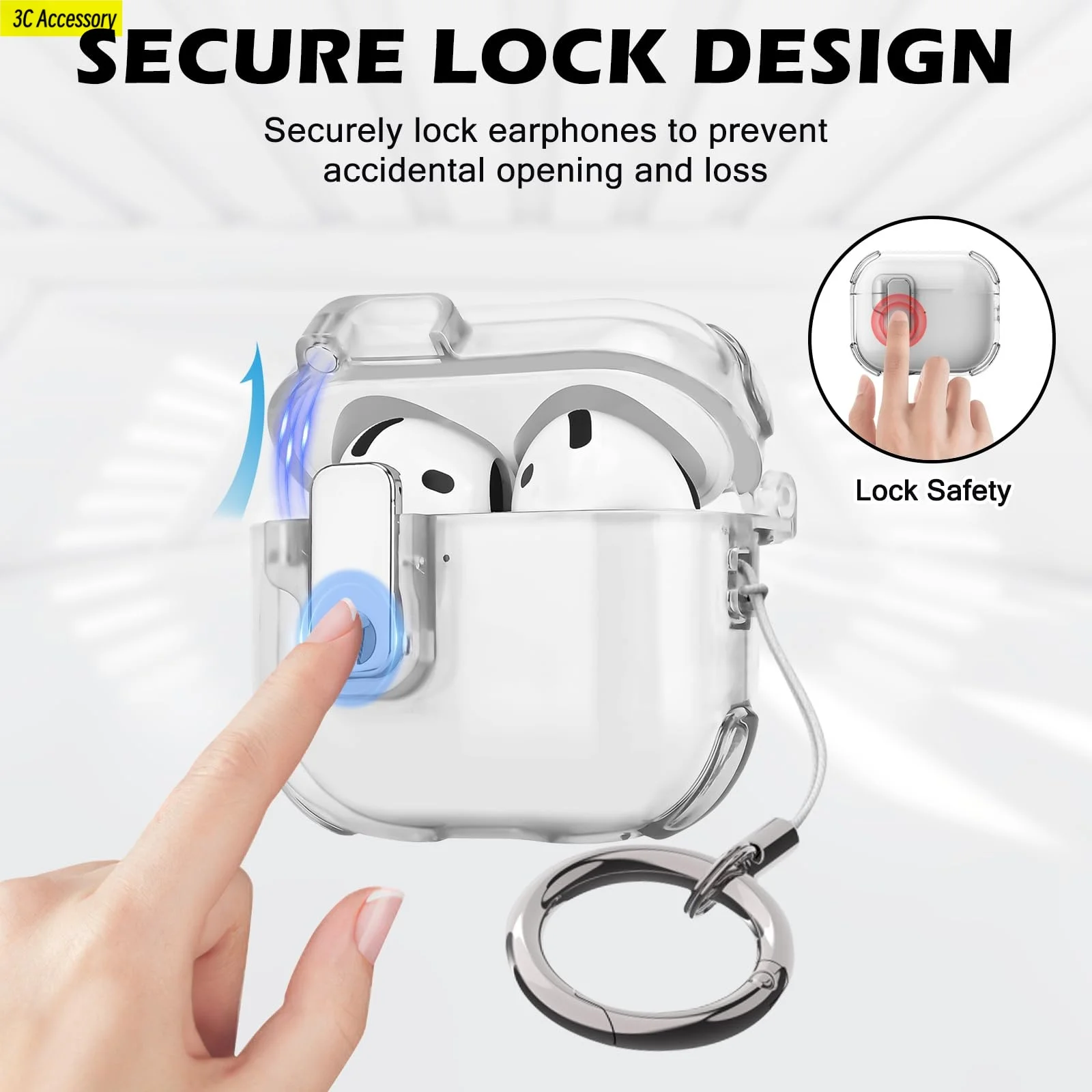Custodia per AirPods 4 2024 Design con blocco sicuro Coperchio ribaltabile automatico TPU Paraurti traslucido Custodia antiurto per AirPod4 Pro con moschettone