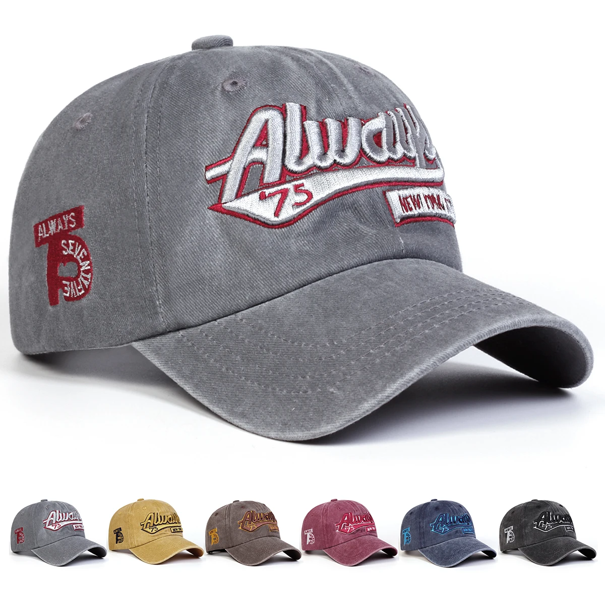 Unisex Always75 Letter Embroidery Wash Baseball Caps Outdoor Adjustable Spring and Autumn Casual Sunscreen Hat