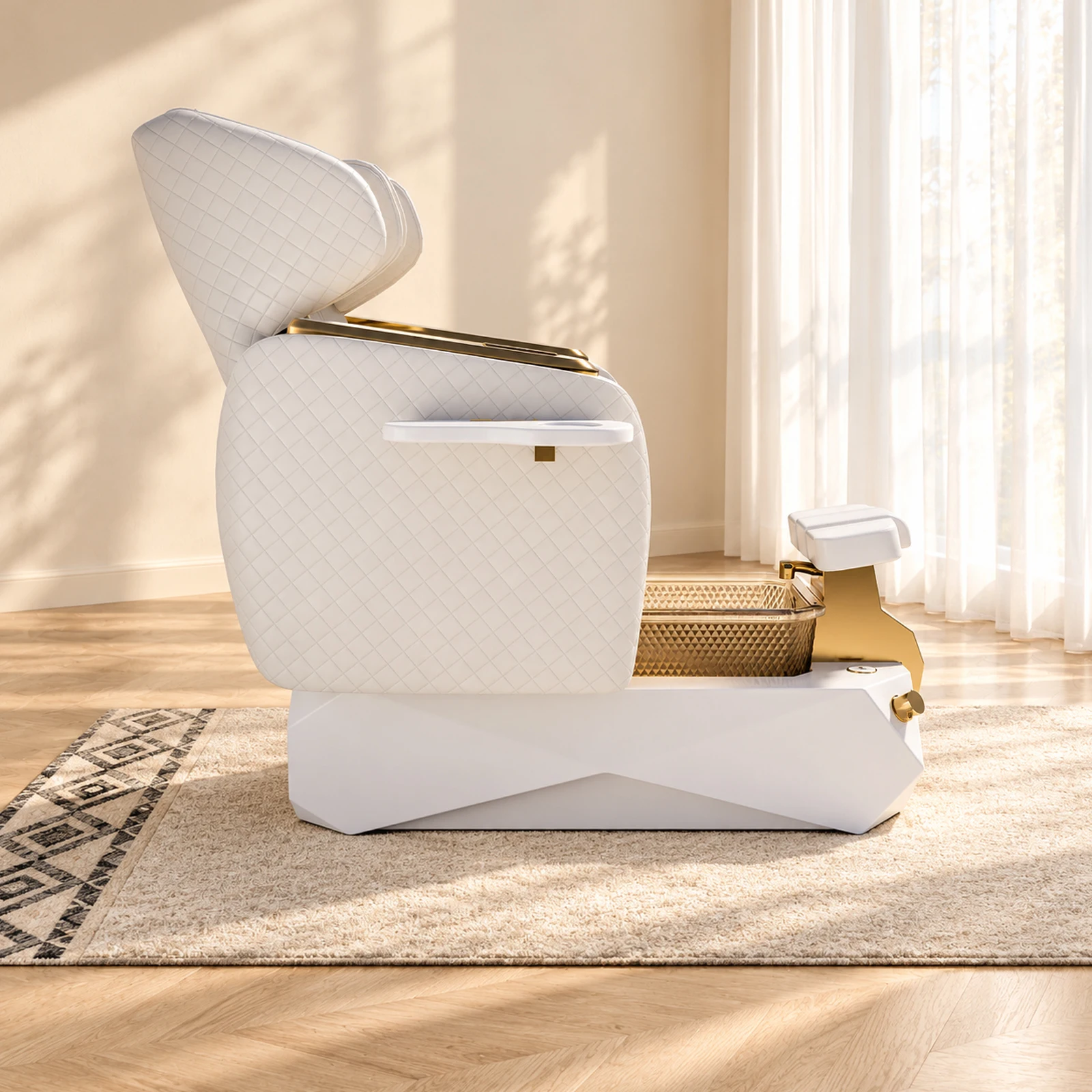 Pedicure Spa Chair Electric Massage Reclining Foot Bath Basin Nail Salon Chair Cup Holder Gold White 4