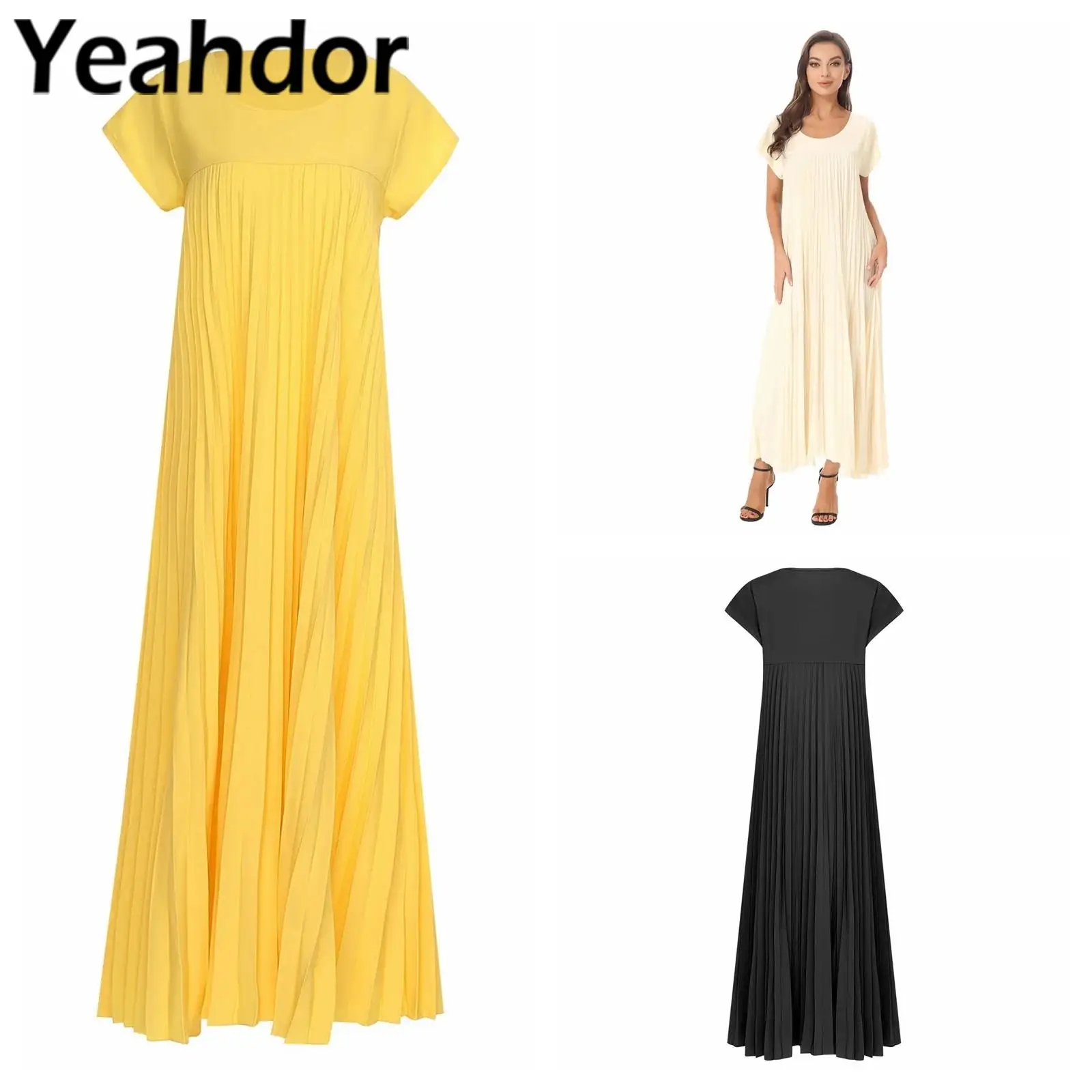 

Femme Summer Pleated Dress Prom Gown Short Sleeve Vestido De Fiesta Loose Party Dress Women Maxi Dress Elegant Wedding Guest